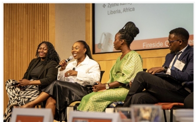 Lucy-Llonna Larbi, a German entrepreneur and leadership expert, speaks during a panel at 1 Million Cups Kansas City at the Ewing Marion Kauffman Foundation